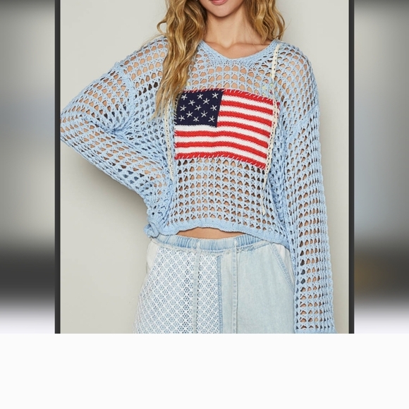 POL Light Blue Crochet Sweater with American Flag - Picture 1 of 5
